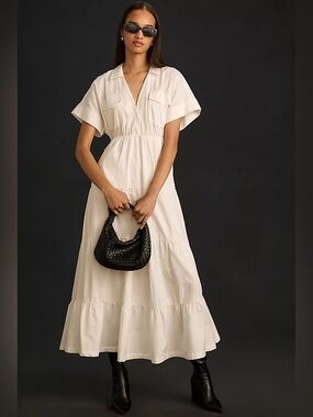 Anthropologie Maeve *FLAW Short Sleeve V-Neck Tiered Maxi Dress | White | Large